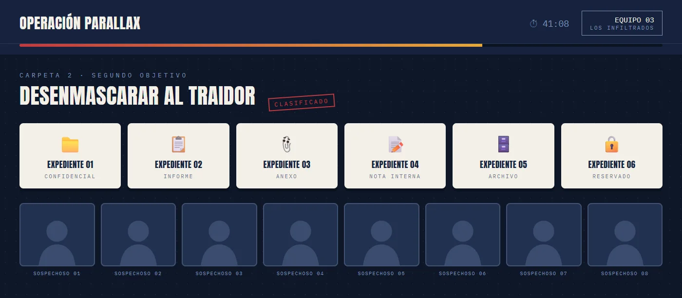 Carpeta de expedientes y sospechosos del escape room online para empresas