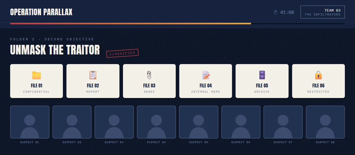 Folder of files and suspects in the online escape room for companies