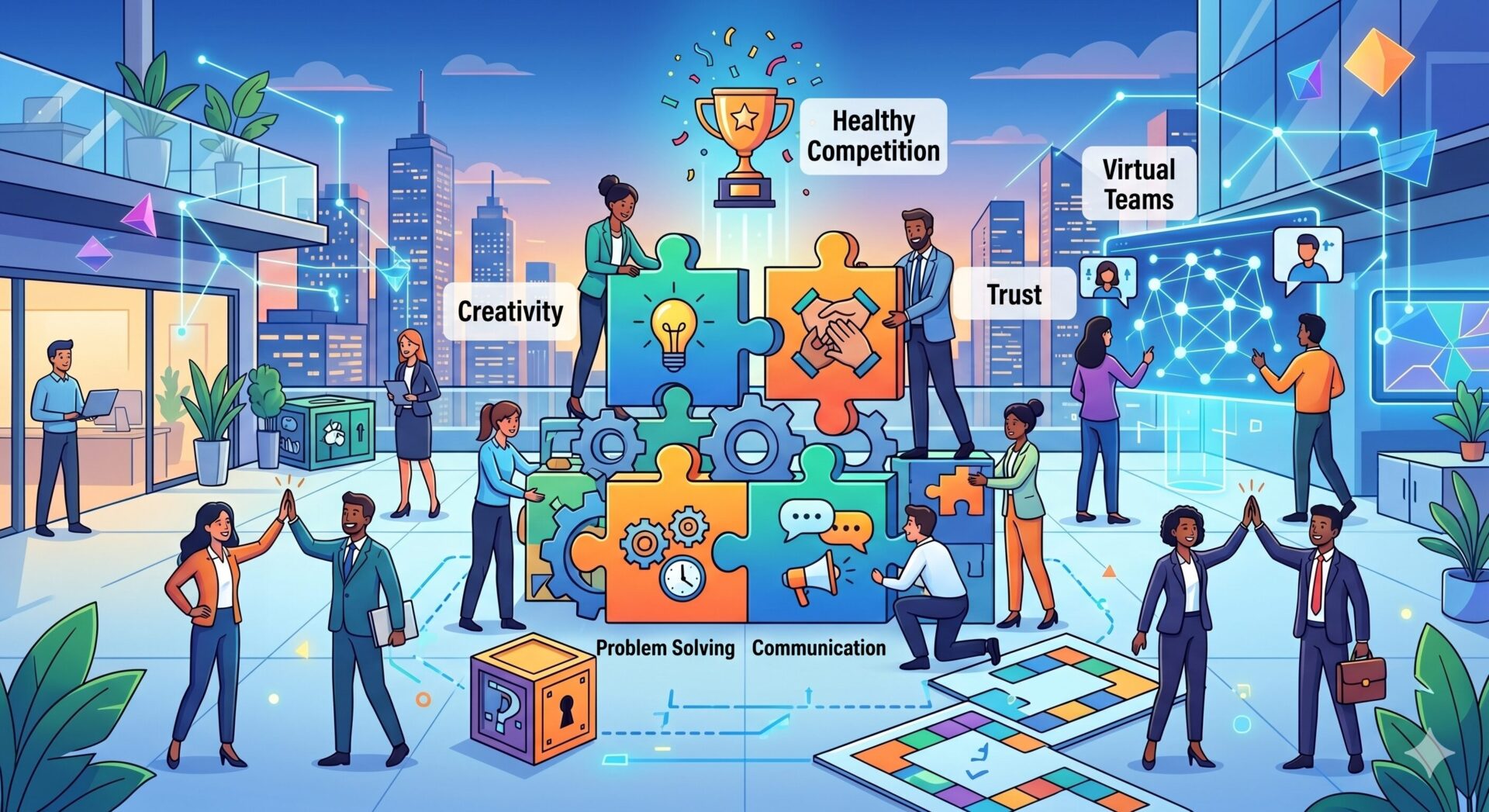 Ilustración conceptual de un equipo diverso corporativo colaborando felizmente en diferentes juegos de team building para mejorar la comunicación, resolución de problemas y confianza.