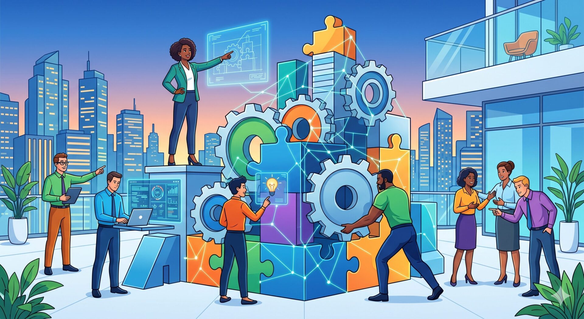 Ilustración conceptual de un equipo diverso corporativo colaborando felizmente en una estructura de engranajes y rompecabezas, representando cómo los diferentes roles de equipo (líder, ejecutor, innovador) trabajan juntos para lograr el éxito colectivo.