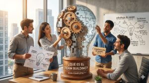 Grupo de profesionales trabajando en equipo para encajar engranajes dentro de una gran bombilla, ilustrando qué es el team building y la colaboración en empresas.