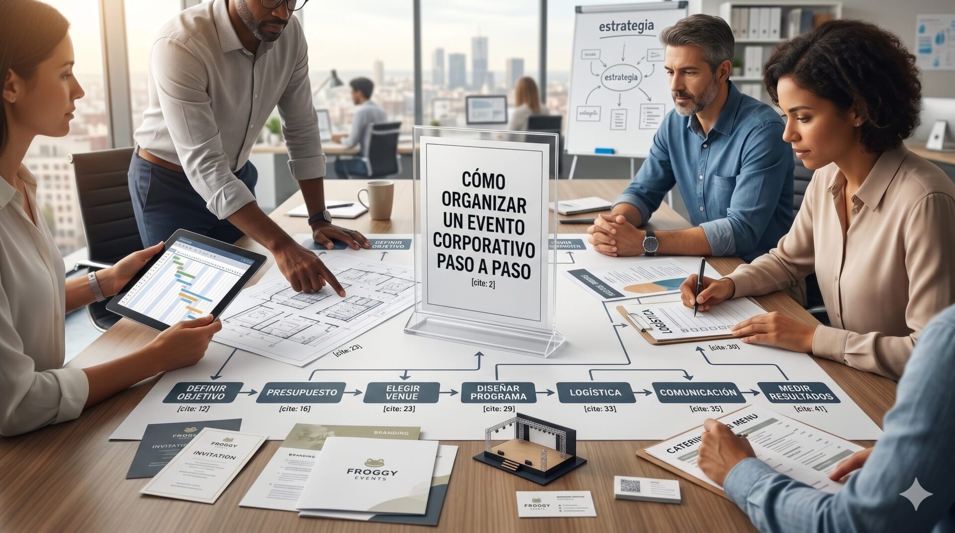 Equipo de profesionales planificando un evento corporativo paso a paso con cronogramas, planos y material de organización sobre una mesa de madera.